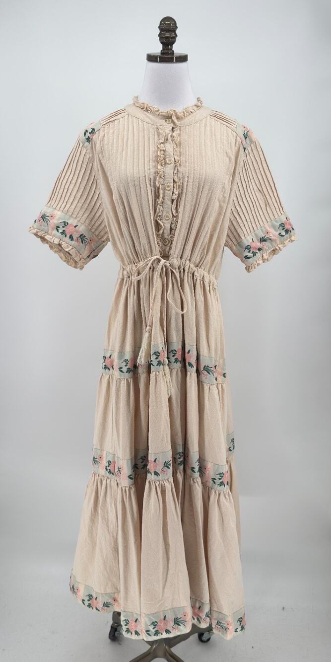 Ivy City Cream Floral Embroidered Tiered Pleated Cottagecore Maxi Dress Sz 1X